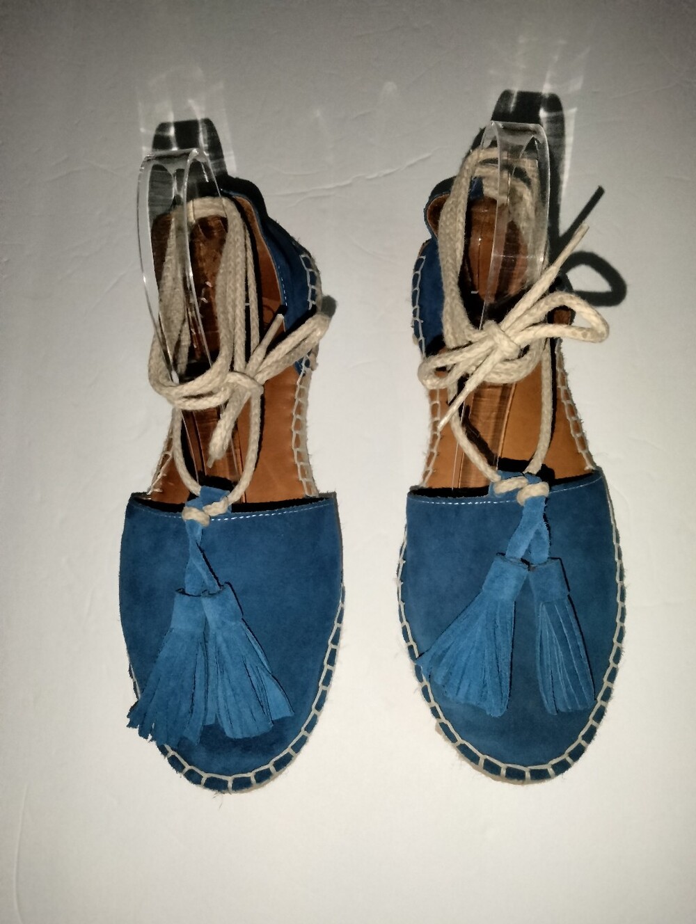 Bonavi (Size 39) Blue Tassel Accent Slip-on Espadrille Flats with Ankle Tie